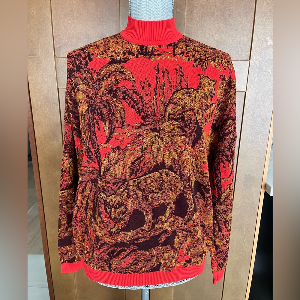 DESIGUAL Red, Gold, Tan & Brown Knit Long Sleeve Sweater, Large, EUC